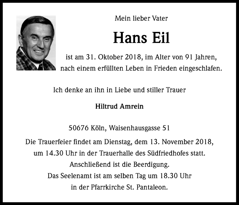  Traueranzeige für Hans Eil vom 03.11.2018 aus Kölner Stadt-Anzeiger / Kölnische Rundschau / Express