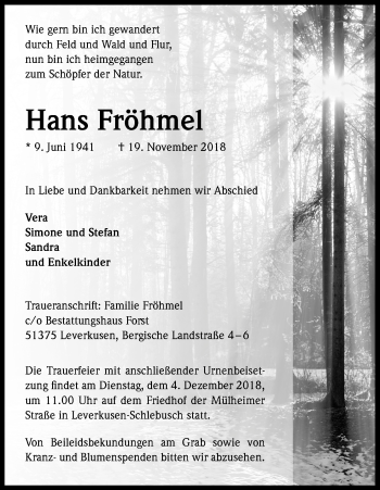 Anzeige von Hans Fröhmel von Kölner Stadt-Anzeiger / Kölnische Rundschau / Express