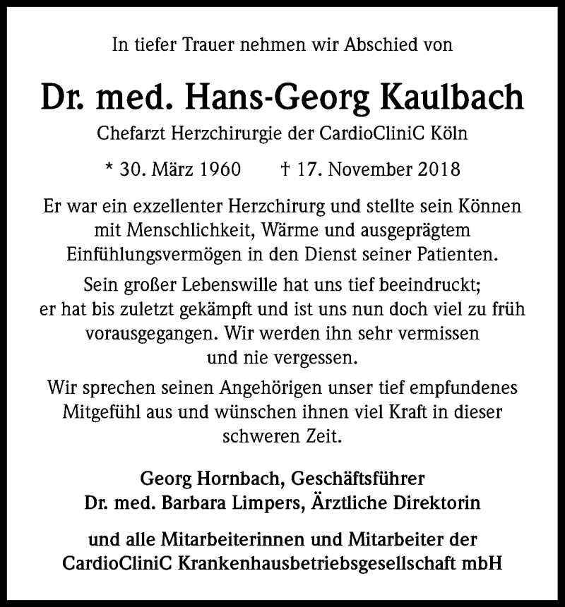  Traueranzeige für Hans-Georg Kaulbach vom 24.11.2018 aus Kölner Stadt-Anzeiger / Kölnische Rundschau / Express
