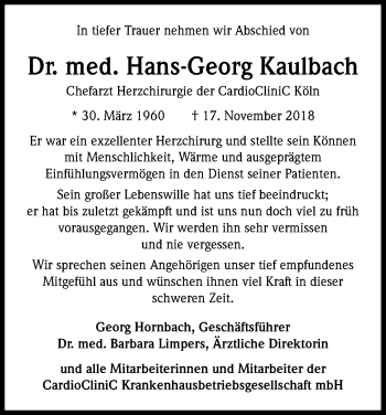 Anzeige von Hans-Georg Kaulbach von Kölner Stadt-Anzeiger / Kölnische Rundschau / Express