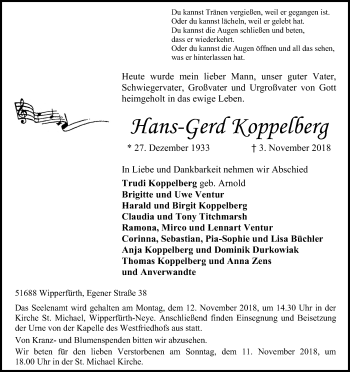 Anzeige von Hans-Gerd Koppelberg von Kölner Stadt-Anzeiger / Kölnische Rundschau / Express