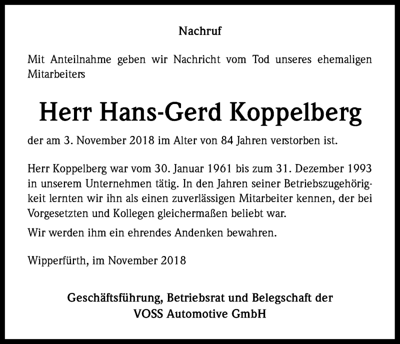  Traueranzeige für Hans-Gerd Koppelberg vom 07.11.2018 aus Kölner Stadt-Anzeiger / Kölnische Rundschau / Express