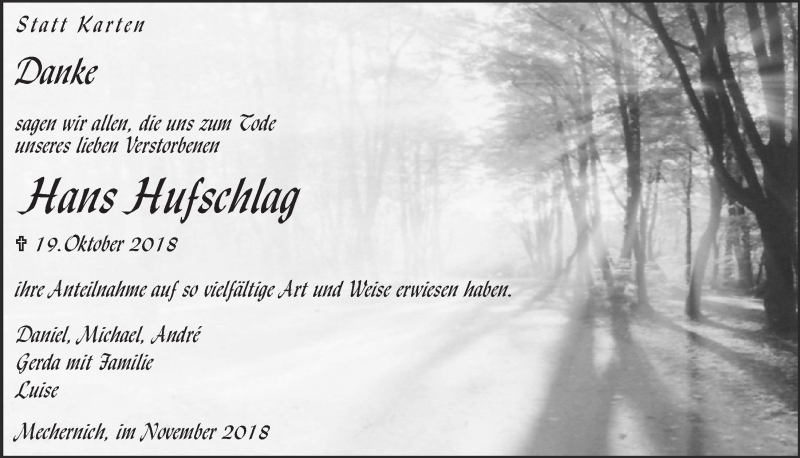  Traueranzeige für Hans Hufschlag vom 24.11.2018 aus  Blickpunkt Euskirchen 