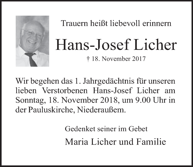  Traueranzeige für Hans-Josef Licher vom 14.11.2018 aus  Werbepost 