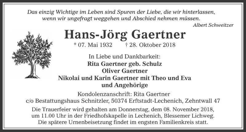  Traueranzeige für Hans-Jörg Gaertner vom 07.11.2018 aus  Werbepost 