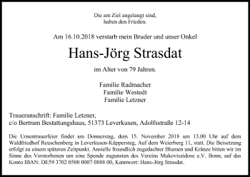 Anzeige von Hans-Jörg Strasdat von Kölner Stadt-Anzeiger / Kölnische Rundschau / Express