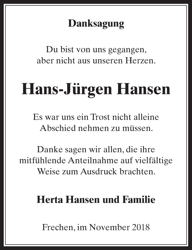  Traueranzeige für Hans-Jürgen Hansen vom 07.11.2018 aus  Wochenende 