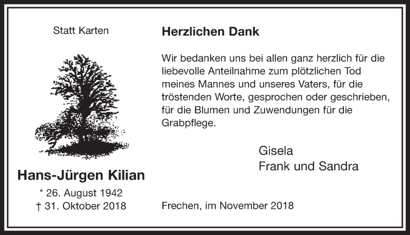  Traueranzeige für Hans-Jürgen Kilian vom 17.11.2018 aus  Sonntags-Post 