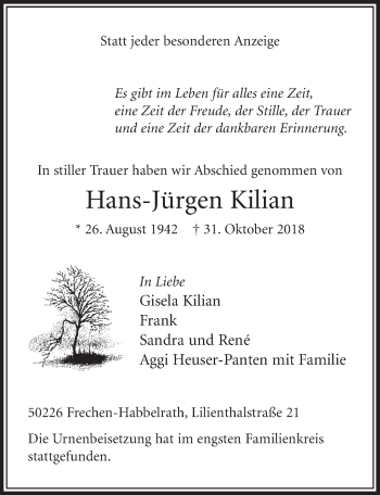 Anzeige von Hans-Jürgen Kilian von  Sonntags-Post 