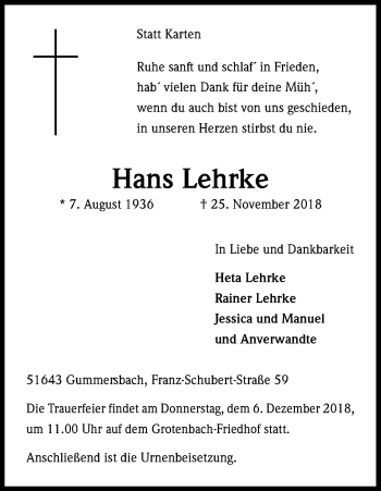Anzeige von Hans Lehrke von Kölner Stadt-Anzeiger / Kölnische Rundschau / Express