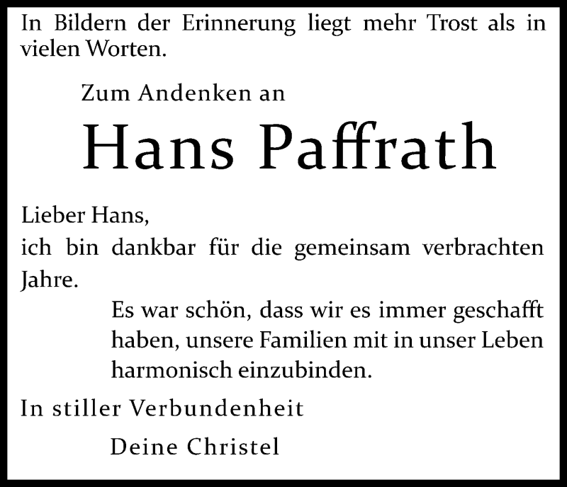  Traueranzeige für Hans Paffrath vom 03.11.2018 aus Kölner Stadt-Anzeiger / Kölnische Rundschau / Express