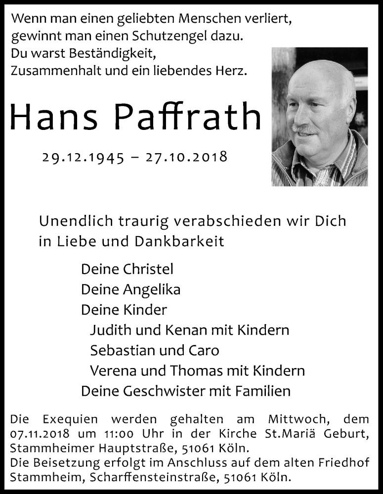  Traueranzeige für Hans Paffrath vom 03.11.2018 aus Kölner Stadt-Anzeiger / Kölnische Rundschau / Express