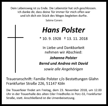 Anzeige von Hans Polster von  Kölner Wochenspiegel 
