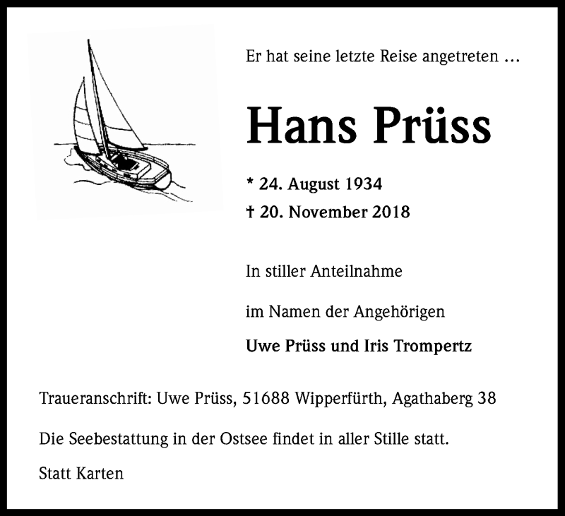  Traueranzeige für Hans Prüss vom 24.11.2018 aus Kölner Stadt-Anzeiger / Kölnische Rundschau / Express