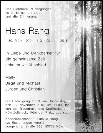 Anzeige von Hans Rang von Kölner Stadt-Anzeiger / Kölnische Rundschau / Express