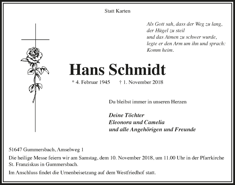  Traueranzeige für Hans Schmidt vom 07.11.2018 aus  Anzeigen Echo 