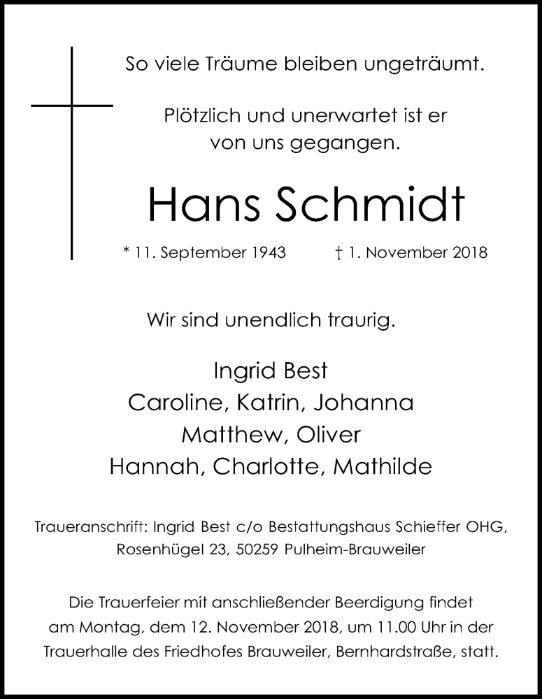  Traueranzeige für Hans Schmidt vom 10.11.2018 aus Kölner Stadt-Anzeiger / Kölnische Rundschau / Express