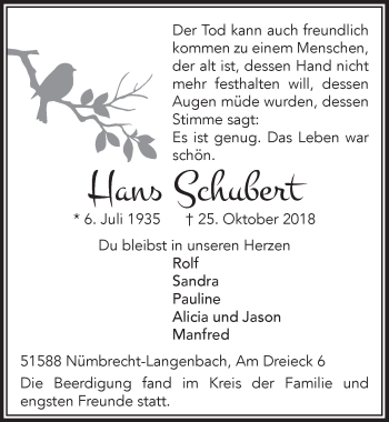 Anzeige von Hans Schubert von  Lokalanzeiger 