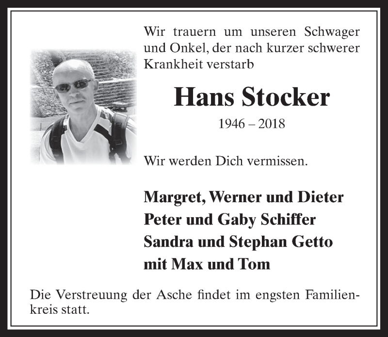  Traueranzeige für Hans Stocker vom 28.11.2018 aus  Werbepost 