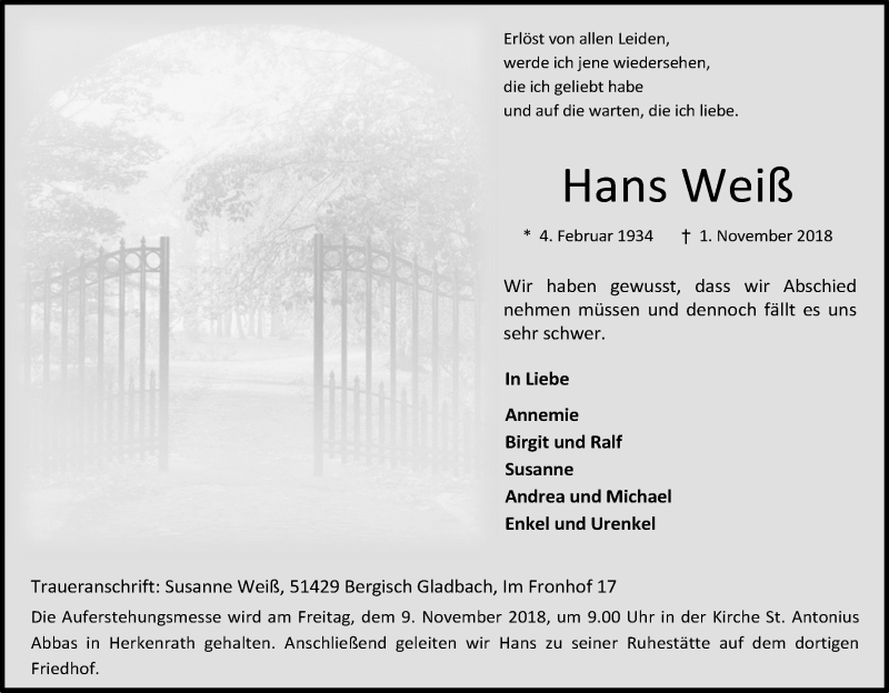  Traueranzeige für Hans Weiß vom 06.11.2018 aus Kölner Stadt-Anzeiger / Kölnische Rundschau / Express
