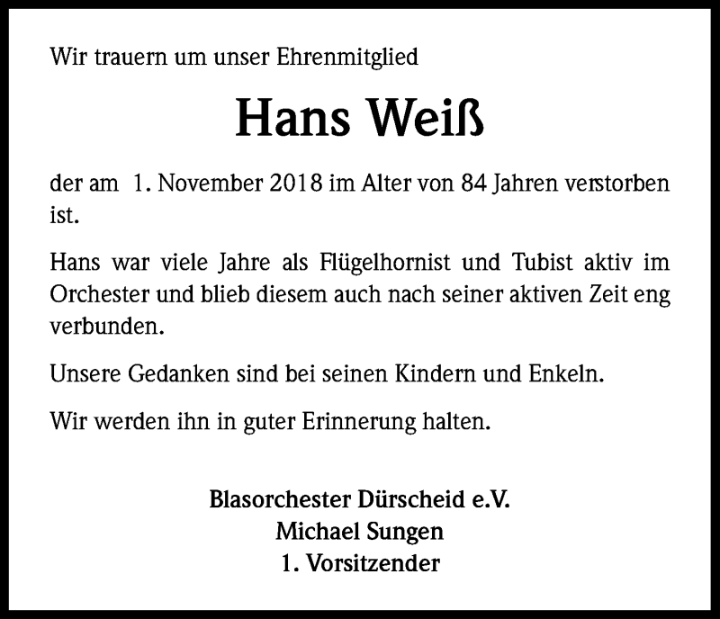  Traueranzeige für Hans Weiß vom 07.11.2018 aus Kölner Stadt-Anzeiger / Kölnische Rundschau / Express
