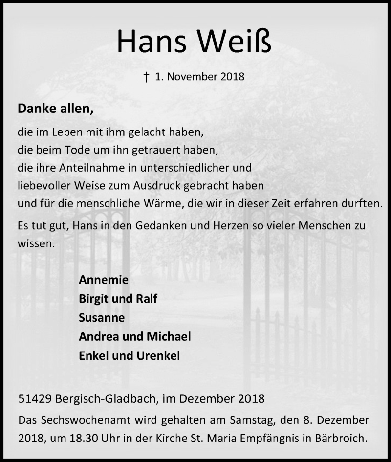  Traueranzeige für Hans Weiß vom 01.12.2018 aus Kölner Stadt-Anzeiger / Kölnische Rundschau / Express