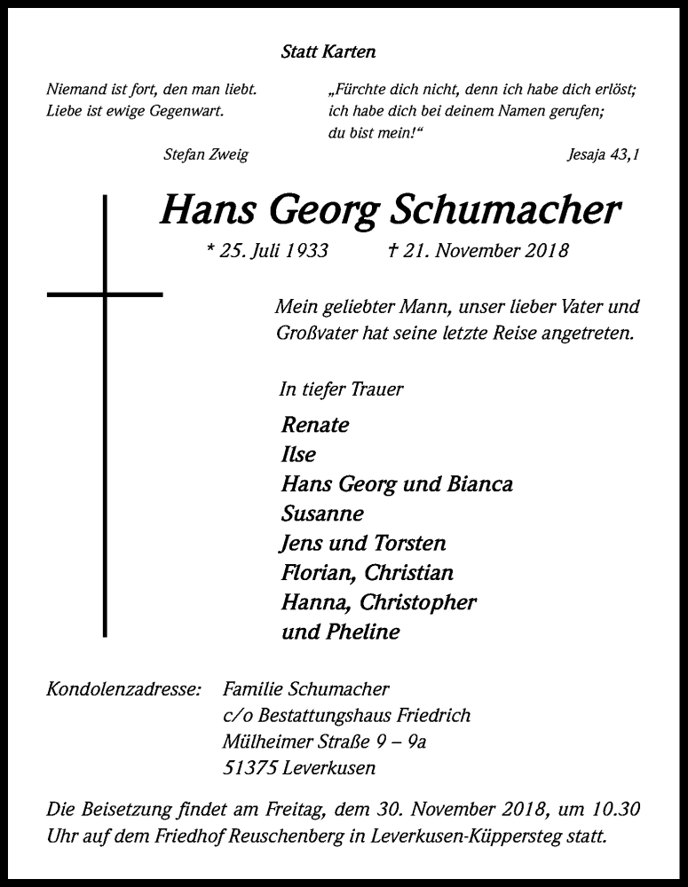  Traueranzeige für Hans Georg Schumacher vom 24.11.2018 aus Kölner Stadt-Anzeiger / Kölnische Rundschau / Express