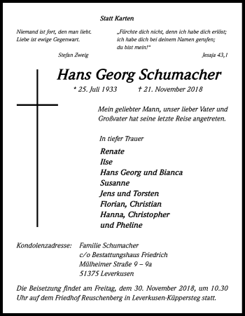 Anzeige von Hans Georg Schumacher von Kölner Stadt-Anzeiger / Kölnische Rundschau / Express