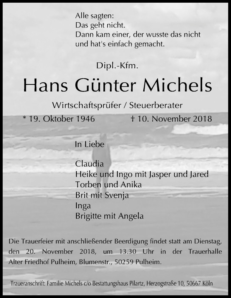  Traueranzeige für Hans Günter Michels vom 14.11.2018 aus Kölner Stadt-Anzeiger / Kölnische Rundschau / Express