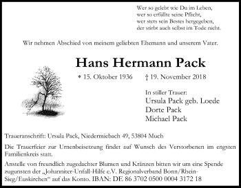Anzeige von Hans Hermann Pack von Kölner Stadt-Anzeiger / Kölnische Rundschau / Express