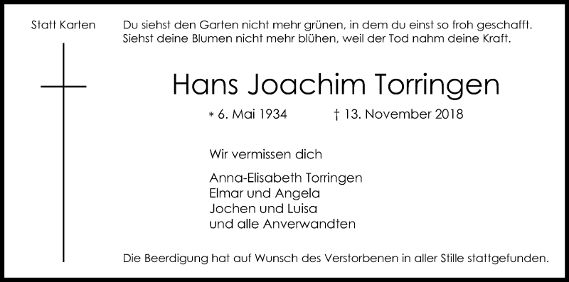  Traueranzeige für Hans Joachim Torringen vom 24.11.2018 aus Kölner Stadt-Anzeiger / Kölnische Rundschau / Express