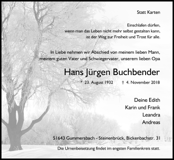 Anzeige von Hans Jürgen Buchbender von Kölner Stadt-Anzeiger / Kölnische Rundschau / Express