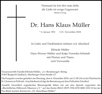 Anzeige von Hans Klaus Müller von Kölner Stadt-Anzeiger / Kölnische Rundschau / Express