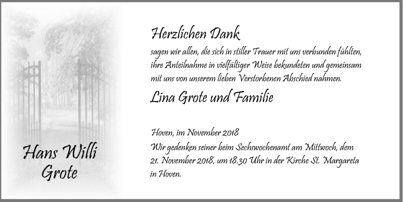  Traueranzeige für Hans Willi Grote vom 10.11.2018 aus  Blickpunkt Euskirchen 