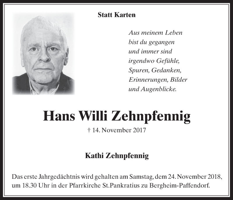  Traueranzeige für Hans Willi Zehnpfennig vom 21.11.2018 aus  Werbepost 