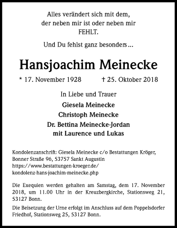 Anzeige von Hansjoachim Meinecke von Kölner Stadt-Anzeiger / Kölnische Rundschau / Express