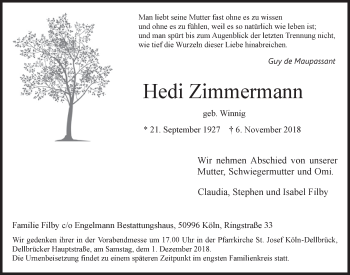 Anzeige von Hedi Zimmermann von  Kölner Wochenspiegel 