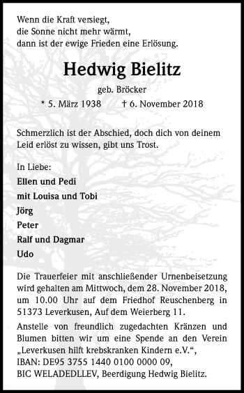 Anzeige von Hedwig Bielitz von Kölner Stadt-Anzeiger / Kölnische Rundschau / Express