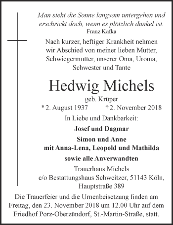Anzeige von Hedwig Michels von  Kölner Wochenspiegel 