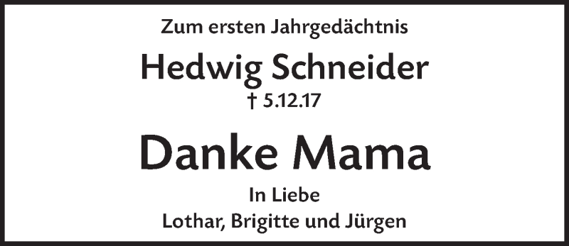  Traueranzeige für Hedwig Schneider vom 28.11.2018 aus  Schlossbote/Werbekurier 