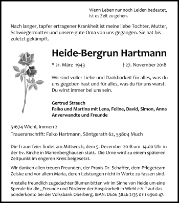 Anzeige von Heide-Bergrun Hartmann von Kölner Stadt-Anzeiger / Kölnische Rundschau / Express