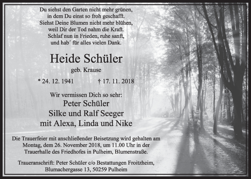  Traueranzeige für Heide Schüler vom 24.11.2018 aus  Sonntags-Post 
