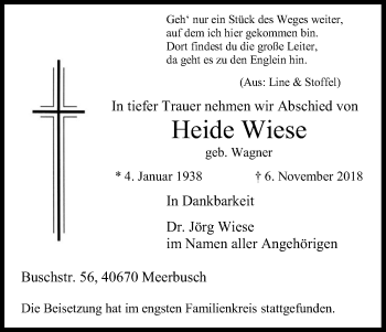 Anzeige von Heide Wiese von Kölner Stadt-Anzeiger / Kölnische Rundschau / Express