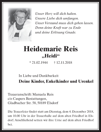 Anzeige von Heidemarie Reis von  Werbepost 