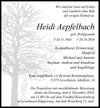 Anzeige von Heidi Aepfelbach von Kölner Stadt-Anzeiger / Kölnische Rundschau / Express