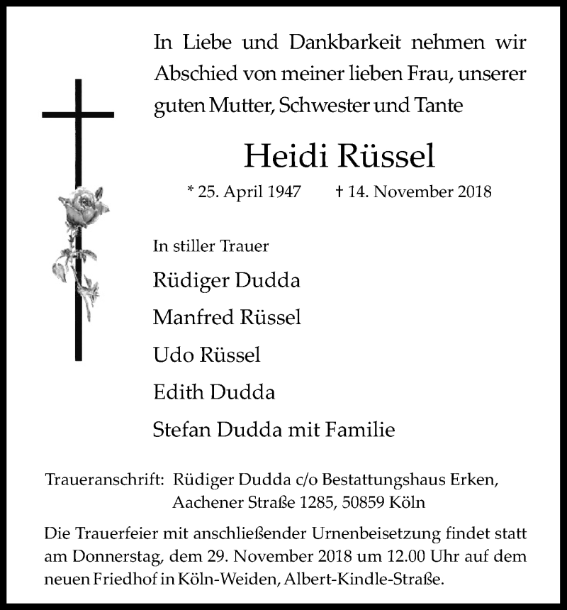  Traueranzeige für Heidi Rüssel vom 24.11.2018 aus Kölner Stadt-Anzeiger / Kölnische Rundschau / Express
