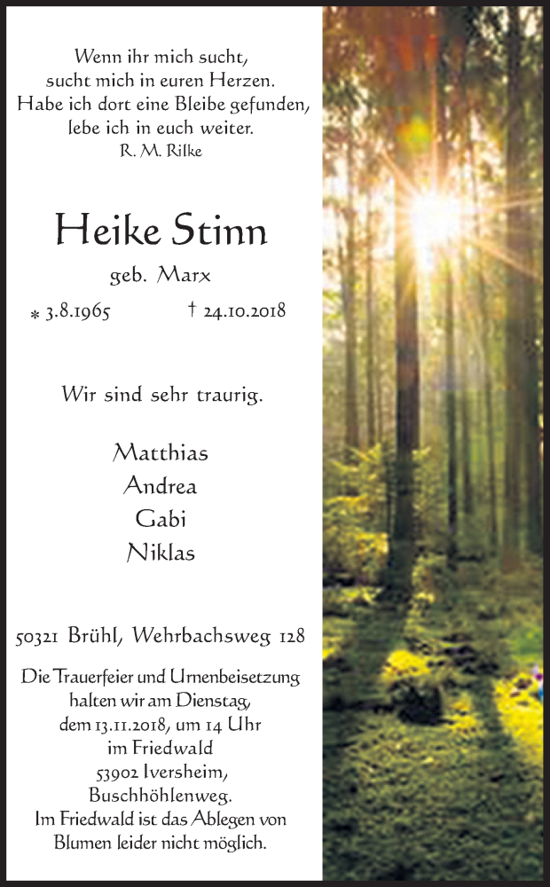  Traueranzeige für Heike Stinn vom 07.11.2018 aus Kölner Stadt-Anzeiger / Kölnische Rundschau / Express