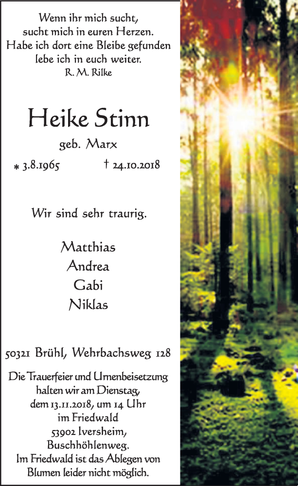 Traueranzeige für Heike Stinn vom 07.11.2018 aus  Schlossbote/Werbekurier 