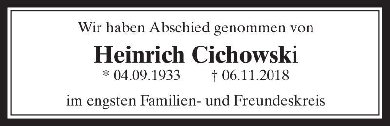  Traueranzeige für Heinrich Cichowski vom 21.11.2018 aus  Wochenende 