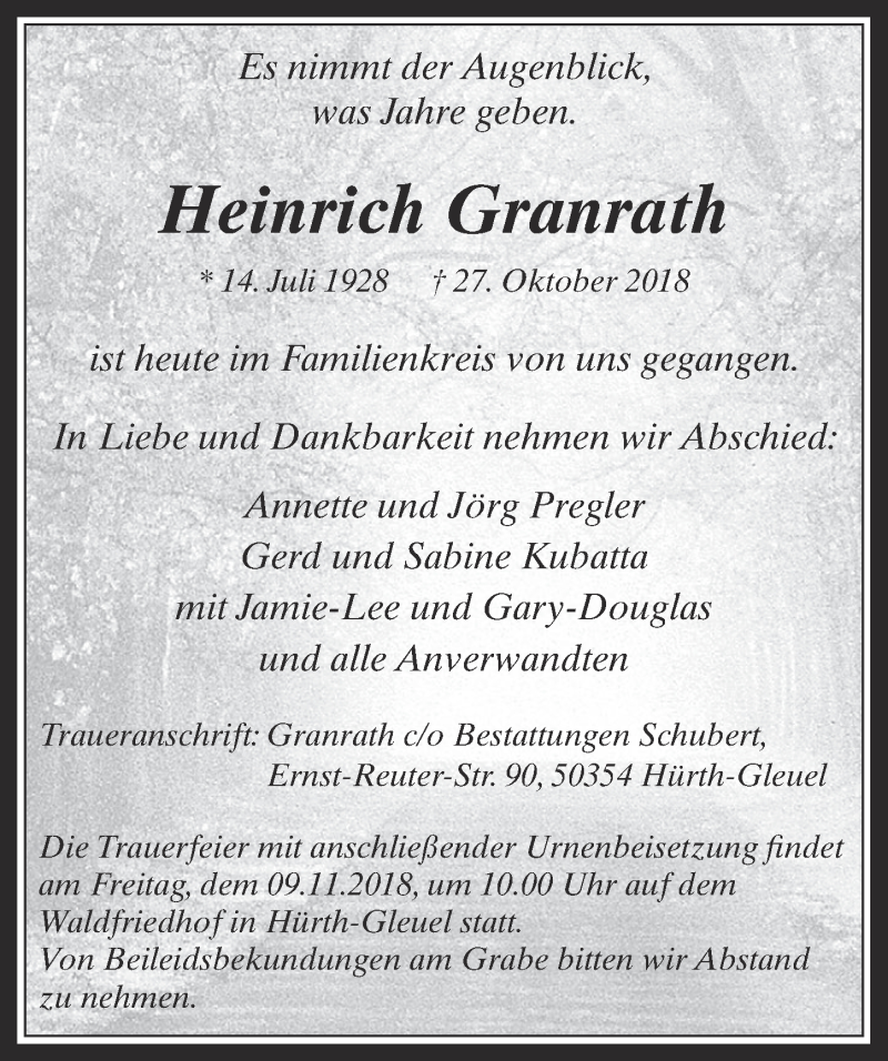  Traueranzeige für Heinrich Granrath vom 07.11.2018 aus  Wochenende 